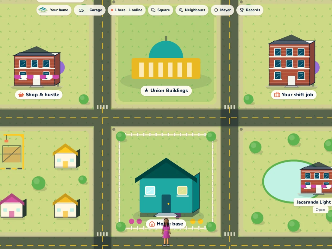 Actual EISH gameplay: Pretoria streets, the player's home and Union Buildings landmark