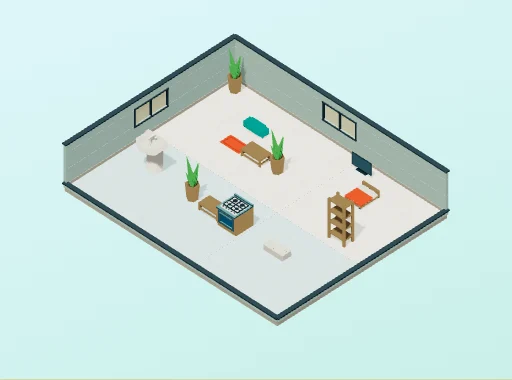 Actual EISH gameplay: a cutaway furnished home with a sofa, kitchen, plants and bedroom