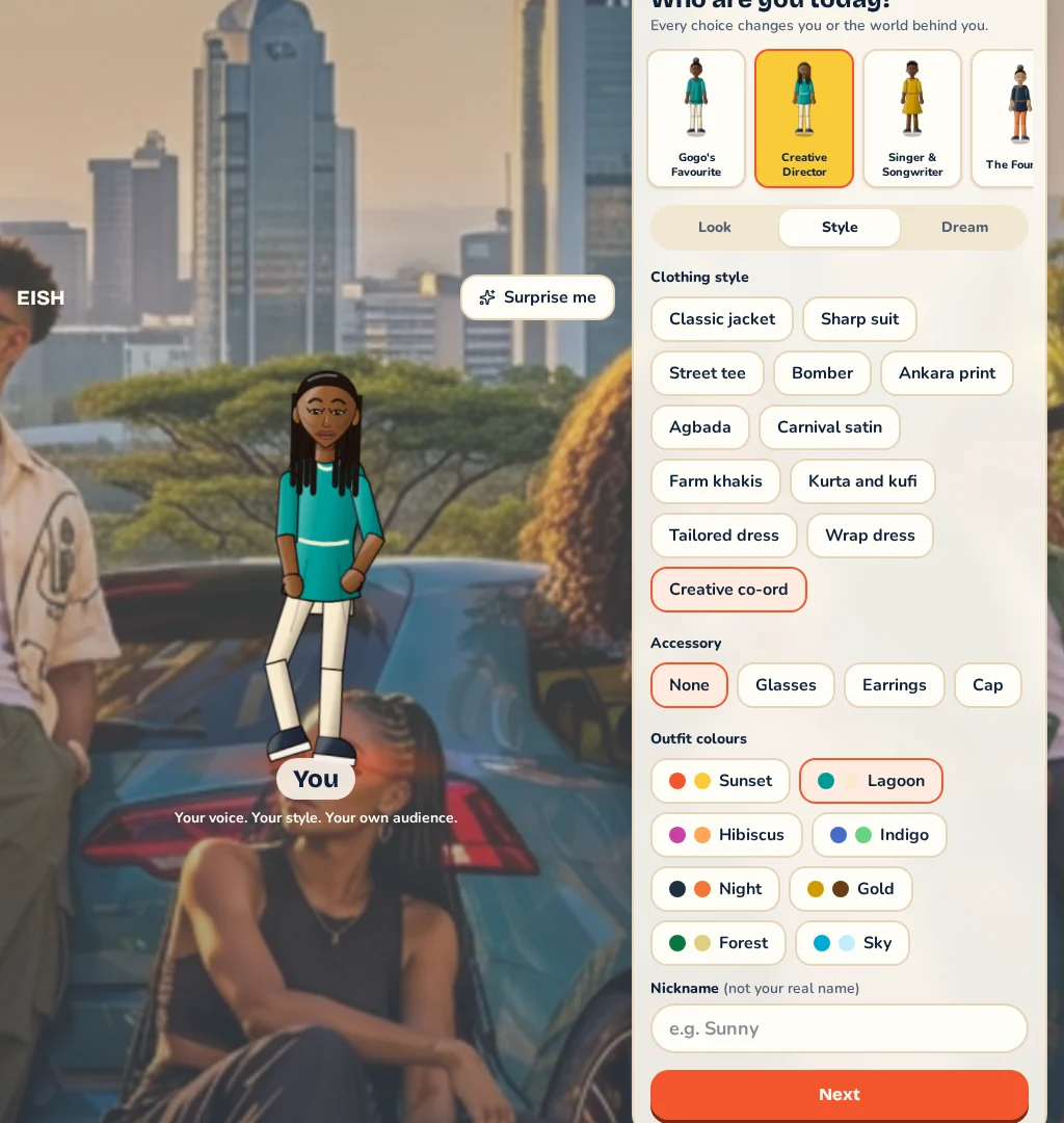 Actual EISH avatar studio: a woman with long braids and editable clothing choices