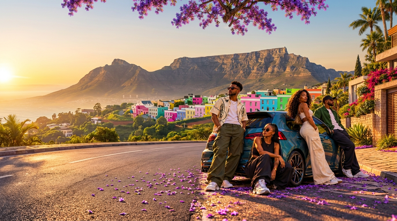 EISH. Imagined Cape Town, four people beside a teal car, flowers and the city skyline